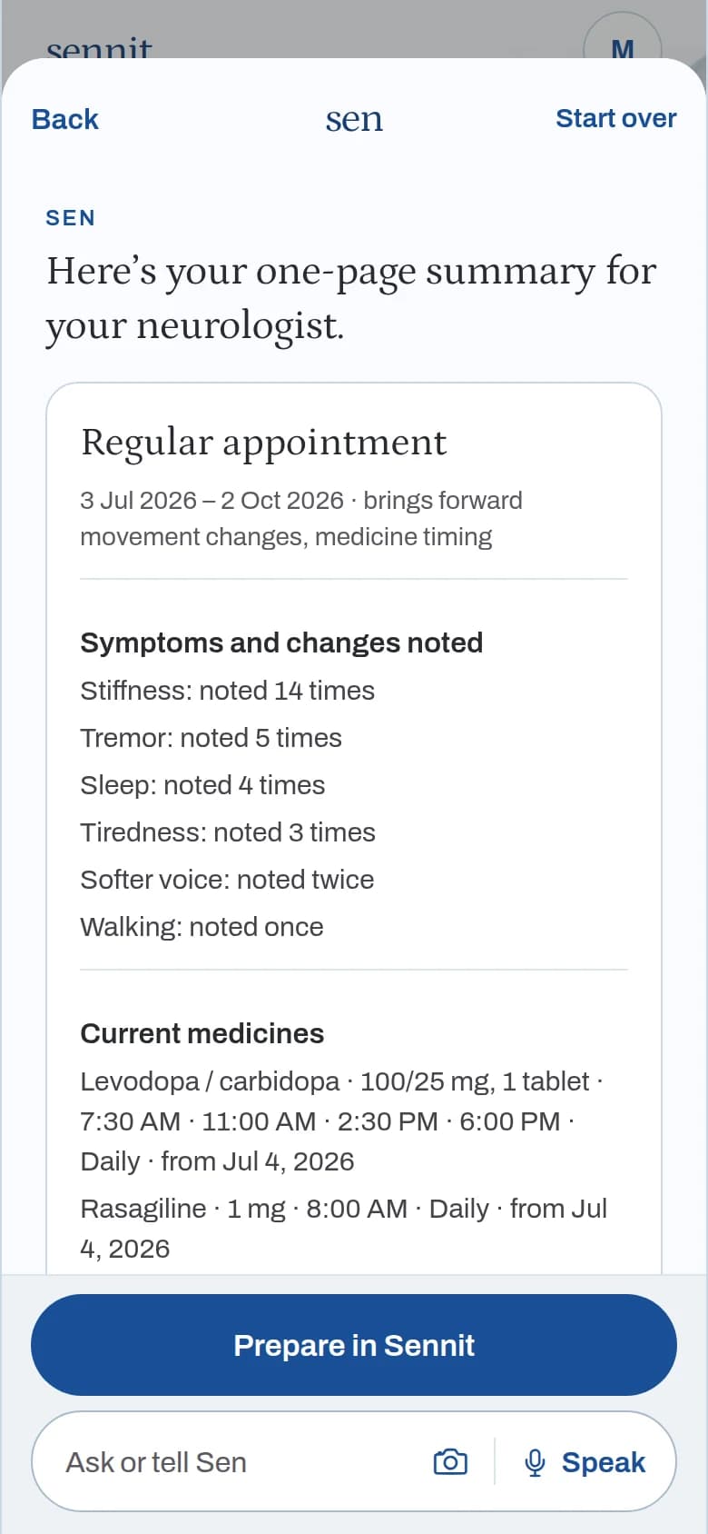 Sen one-page summary for the neurologist: symptoms noted and current medicines